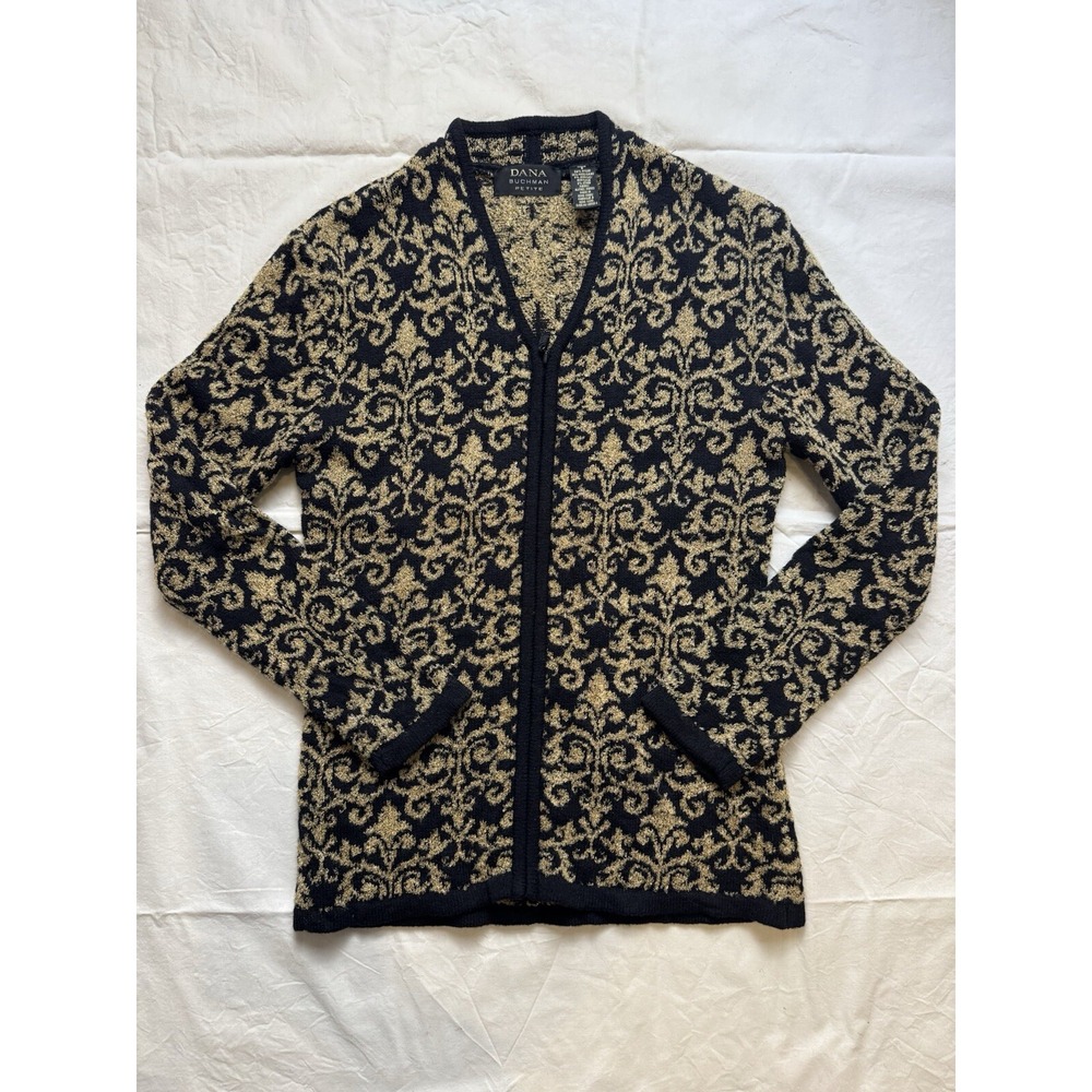 VTG Dana Buchman Wool Blend Zip Up Cardigan Sweater Black Gold French Sz P SMALL
